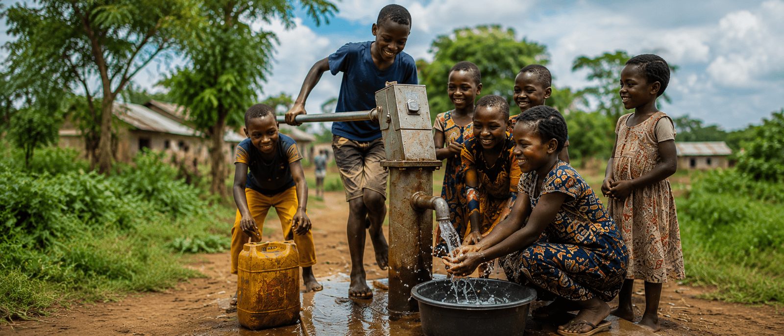 Children and community members gathered around a water pump