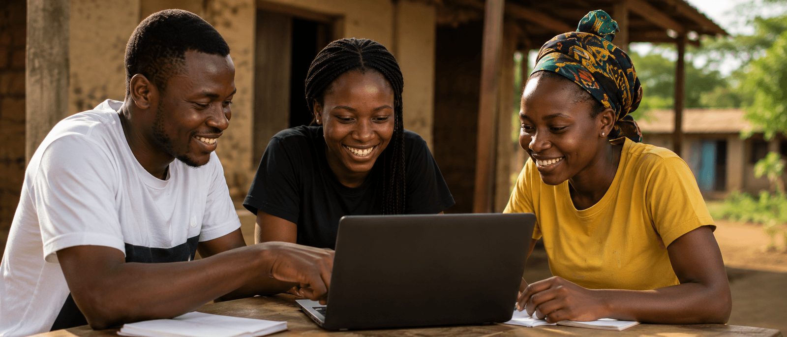 Young volunteers reviewing project notes together on a laptop