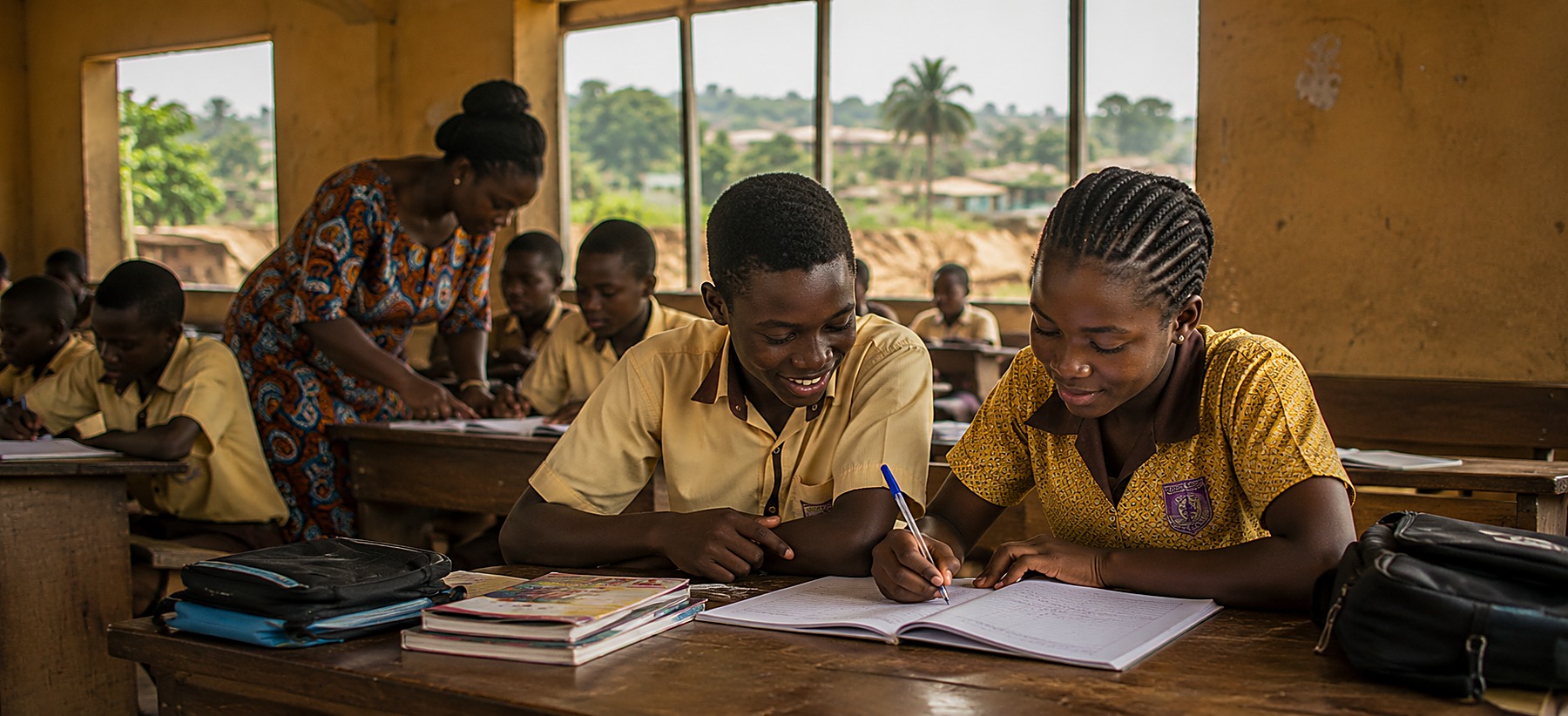 Children studying with new learning materials through the Education and Future Leaders Initiative