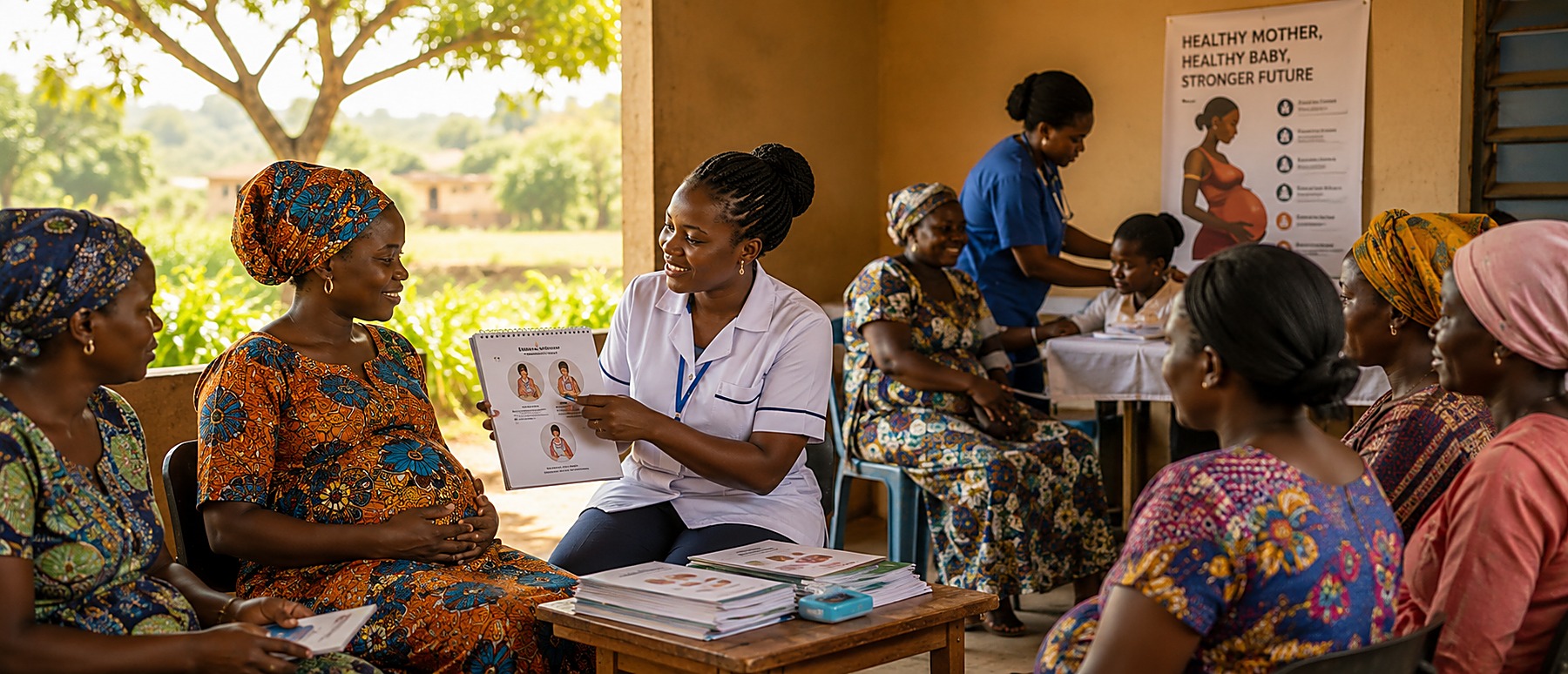 Community health worker supporting a mother through the Safe Motherhood Initiative